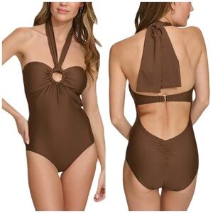 DKNY Halterneck O-Ring Tummy Control Scrunched Bum One-Piece Swimsuit